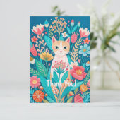 手で描いたかわいい白猫と花 サンキューカード (スタンド正面)