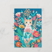 手で描いたかわいい白猫と花 サンキューカード (正面/裏面)