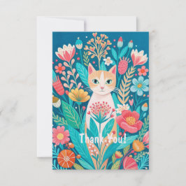 手で描いたかわいい白猫と花 サンキューカード