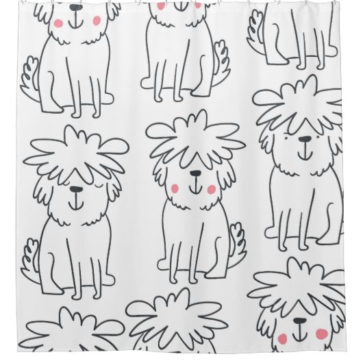 手で描いたふわふわの犬:ヴィンテージパターン。 シャワーカーテン (正面)