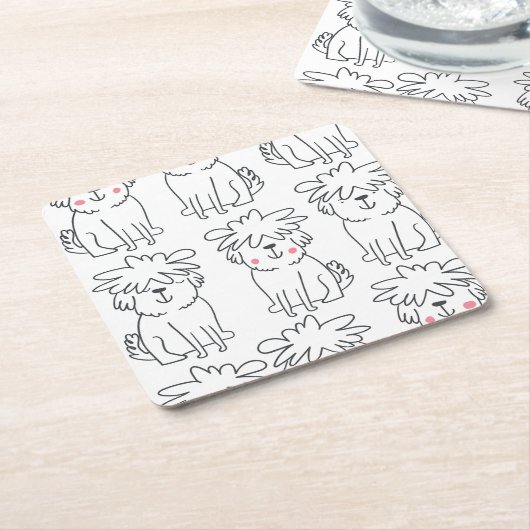 手で描いたふわふわの犬:ヴィンテージパターン。 スクエアペーパーコースター (アングル)
