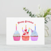 手で描いたカップケーキろうそく灯の誕生日 シーズンカード (スタンド正面)