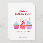 手で描いたカップケーキろうそく灯の誕生日 招待状 (正面/裏面)