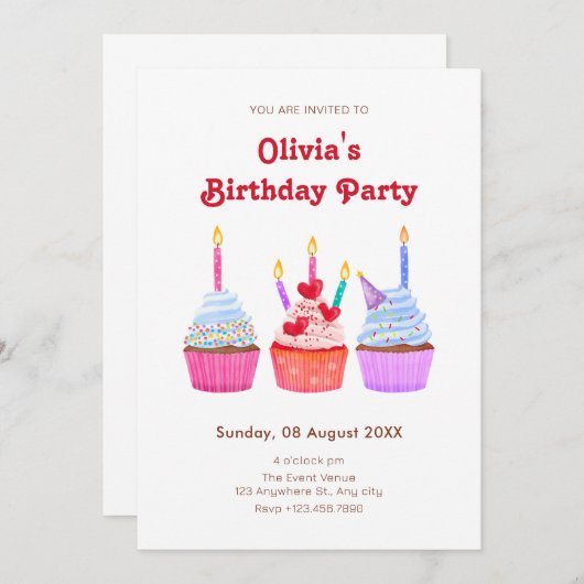 手で描いたカップケーキろうそく灯の誕生日 招待状 (正面/裏面)