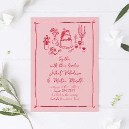 手で描いたドードルフード&ドリンクピンクレッド結婚ズ 招待状