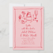 手で描いたドードルフード&ドリンクピンクレッド結婚ズ 招待状 (正面)