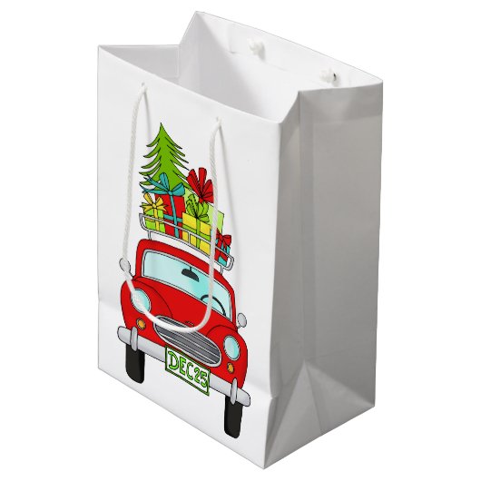 手で描いたヴィンテージのクリスマスカー ミディアムペーパーバッグ (正面アングル)