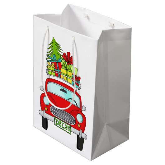 手で描いたヴィンテージのクリスマスカー ミディアムペーパーバッグ (裏面アングル)