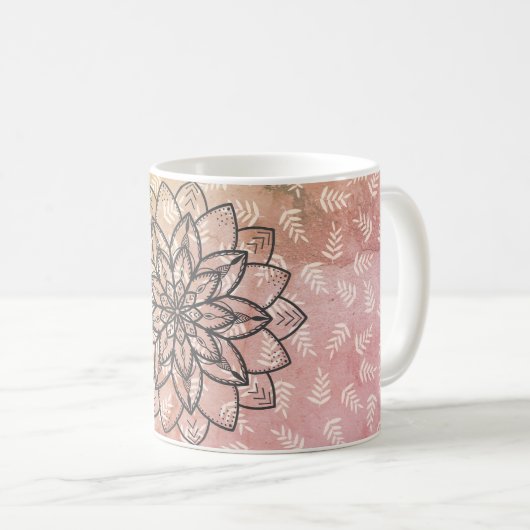 手で描いた曼荼羅の花葉を飾る コーヒーマグカップ (正面右)
