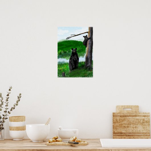 手で描いた母クマと子。 ポスター (キッチン)