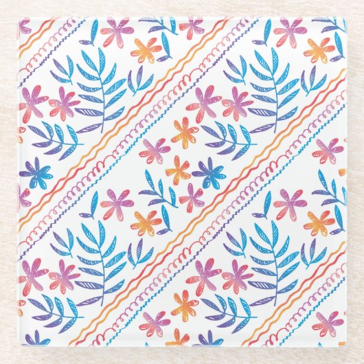 手で描いた熱帯の花、葉パターン。 ガラスコースター (正面)