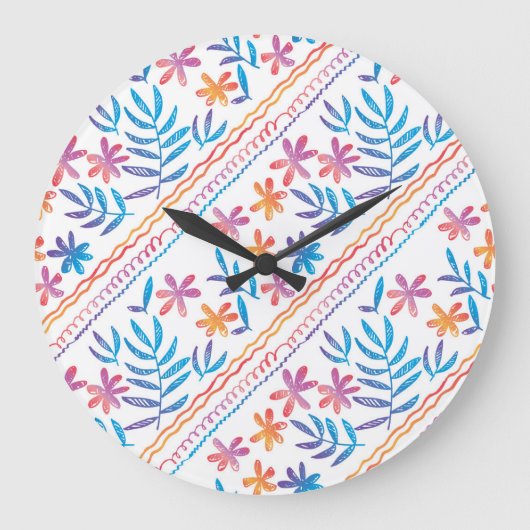 手で描いた熱帯の花、葉パターン。 ラージ壁時計 (正面)
