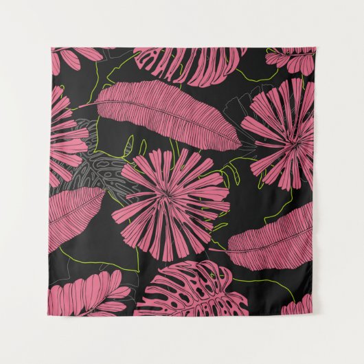 手で描いた熱帯葉のエキゾチック植物。熱帯性 タペストリー (正面(横))