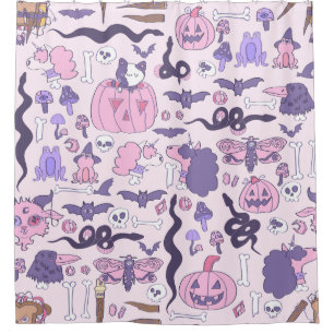 手で描かれたピンクのハロウィンユニコーンゾンビボーン シャワーカーテン