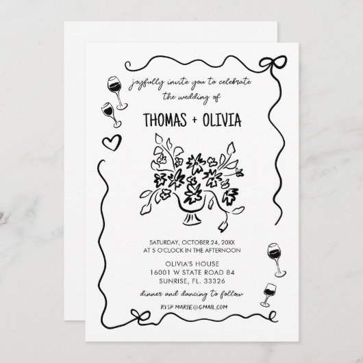 手で描ファンキーいたお洒落結婚の 招待状 (正面/裏面)