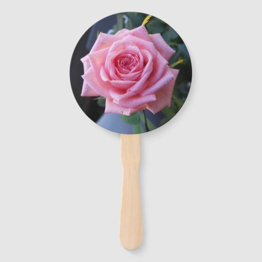 手で握った扇子にピンクのバラが乗った写真 ハンドファン (正面)