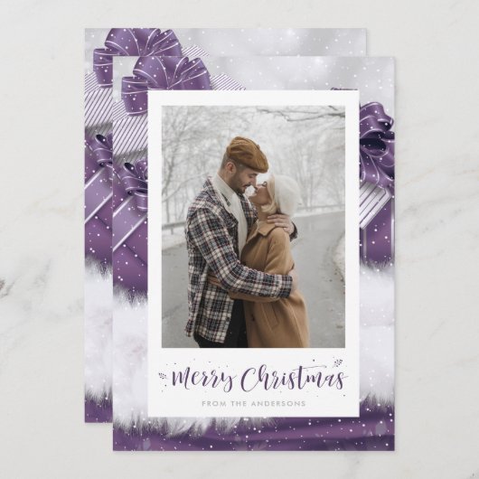 手で書かれた紫の雪の写真クリスマスカード シーズンカード (正面/裏面)