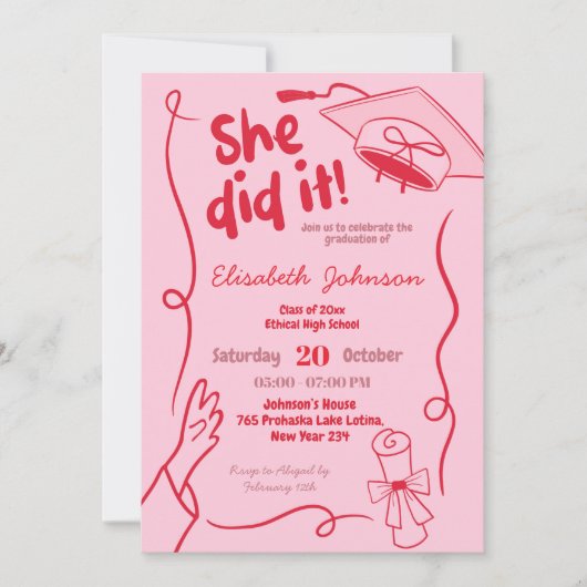 手で赤く引いた彼女はそれを卒業した 招待状 (正面)