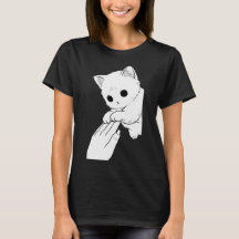手と遊ぶかわいい白猫　女性用Tシャツ