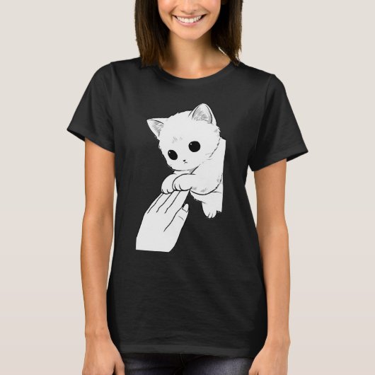 手と遊ぶかわいい白猫 女性用Tシャツ Tシャツ (正面)