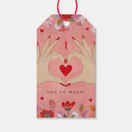 手にかわいらし愛のサインをバレンタイン ギフトタグ (正面)