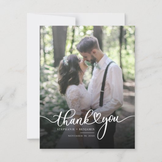 手にハート結婚の写真を貼ってありがとう ノートカード (正面)