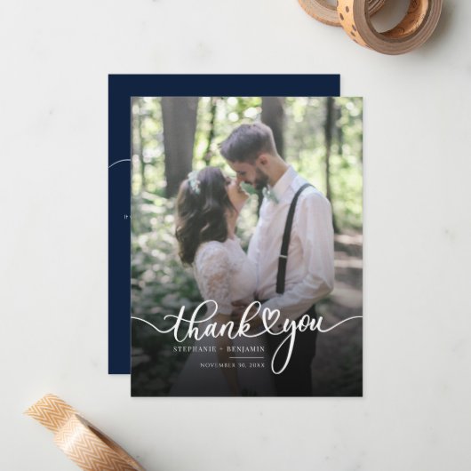 手にハート結婚の写真を貼ってありがとう ノートカード (正面/裏面インサイチュ)