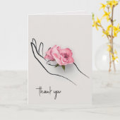 手に持ったピンクのバラに感謝 カード (黄色い花)