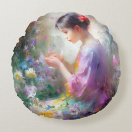 手に花を抱えた少女の絵 ラウンドクッション