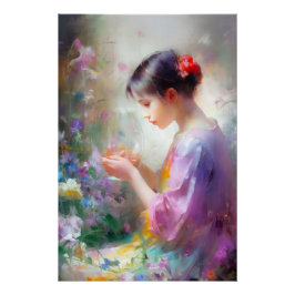 手に花を抱えた少女の自画自賛 ポスター
