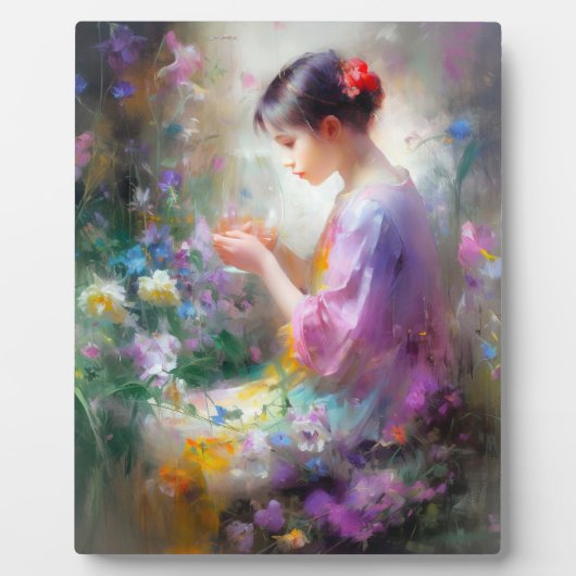 手に花を掲げる少女の鑑賞 フォトプラーク (正面)