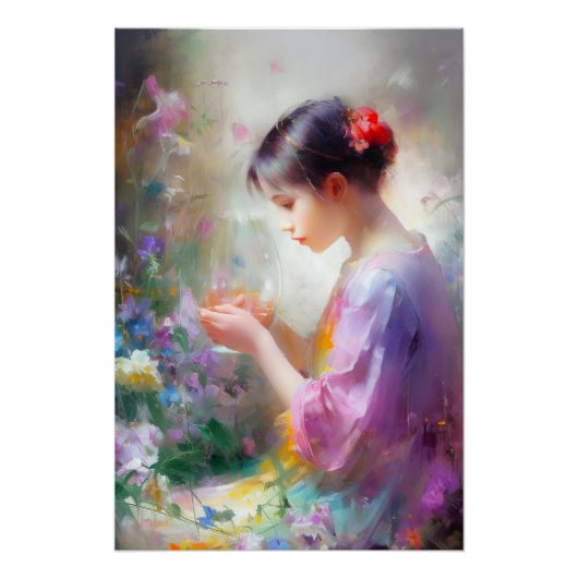 手に花を掲げる少女の鑑賞 ポスター (正面)