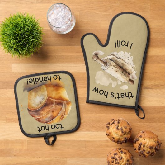 「手に負えないほど熱い」と「そのようにして転がい」 鍋つかみ&鍋敷きセット (トップダウン)