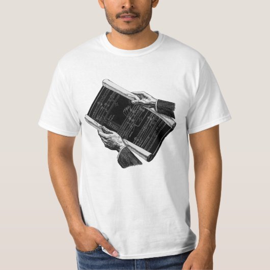手に青写真を持つヴィンテージ ビジネス Tシャツ (正面)