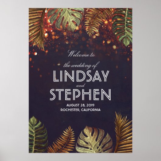 手のひらとストリングライトビーチ結婚式ウェルカムサイン ポスター (正面)