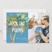 手のひらのメリークリスマスパームツリーズの写真をデッキアップ シーズンカード (正面)