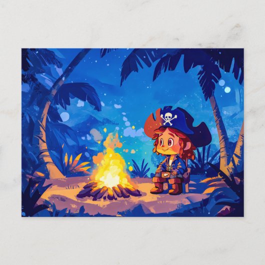手のひらの下で焚き火のそばに座る海賊 ポストカード (正面)