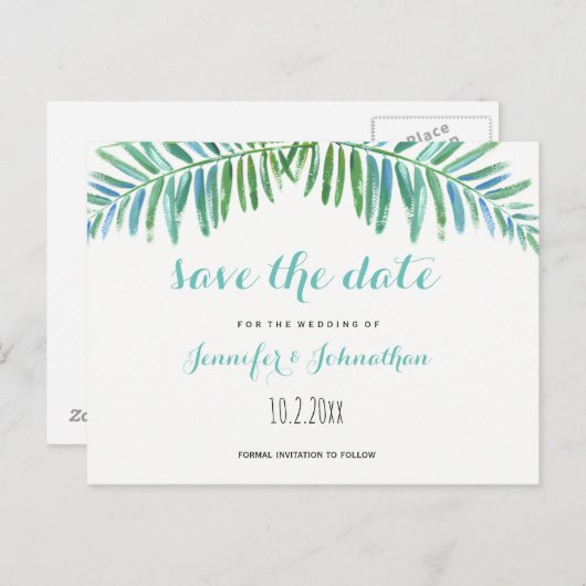 手のひらの目的地の結婚式は日付カードを保存 案内ポストカード (正面/裏面)