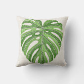 手のひらの葉が刺繍された。グリーントロピカルモンステラL クッション (裏面)