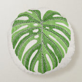 手のひらの葉が刺繍された。グリーントロピカルモンステラL ラウンドクッション (裏面)
