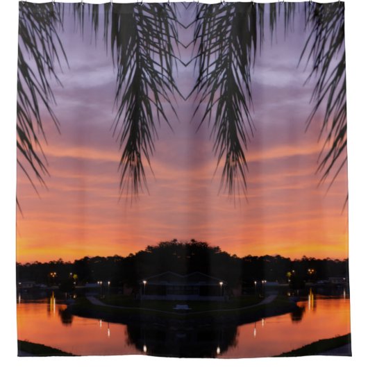 手のひらカラフルの夕焼けシーン シャワーカーテン (正面)