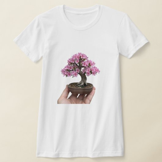 手のひらサイズの禅:ミニチュアのつつじの盆栽アート Tシャツ (レイダウン)