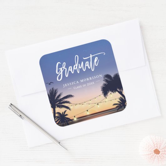 手のひらビーチストリングライト大学院卒業のお願い スクエアシール (封筒)