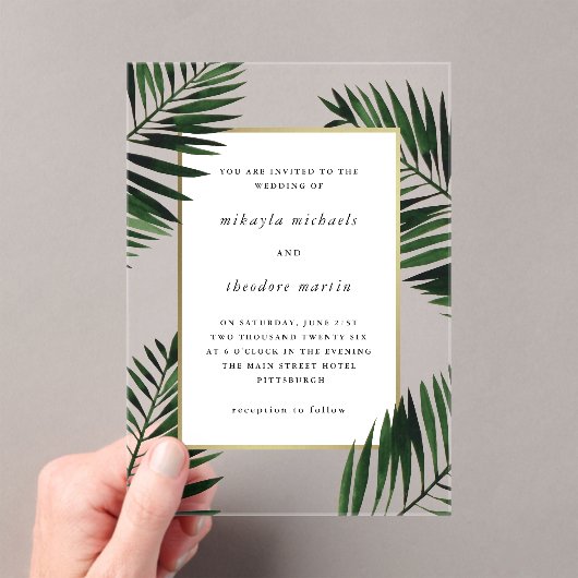 手のひらフェイクの付いた金ゴールドフレ結婚ーム アクリル招待状 (インサイチュ (ポータブル))