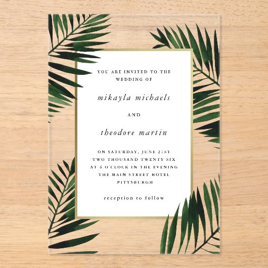 手のひらフェイクの付いた金ゴールドフレ結婚ーム アクリル招待状 (正面)