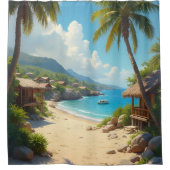 手のひらフレームビーチの小屋と海 シャワーカーテン (正面)