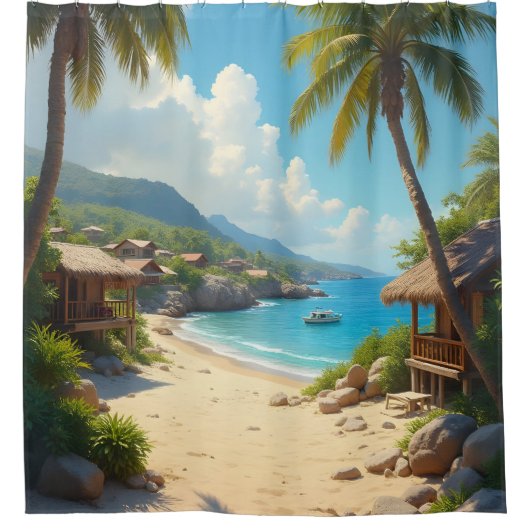 手のひらフレームビーチの小屋と海 シャワーカーテン (正面)