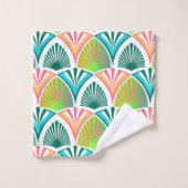 手のひら葉と花の幾何学模様 バスタオルセット (ウォッシュタオル)