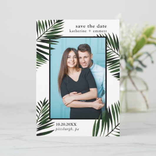 手のひら離れとドット日付の写真カードを保存 セーブザデート (スタンド正面)