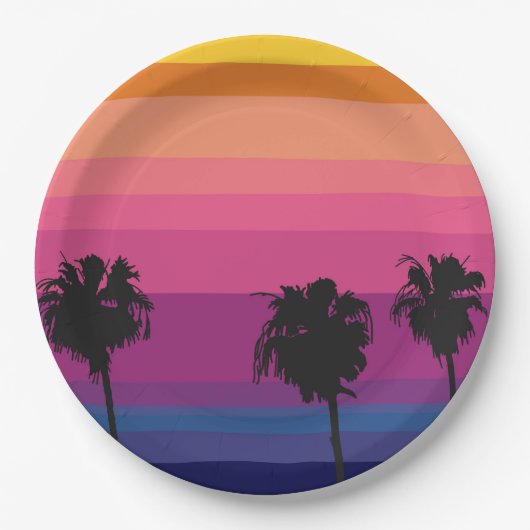 手のひら鮮やかのシルエットの海夕日 ペーパープレート (正面)